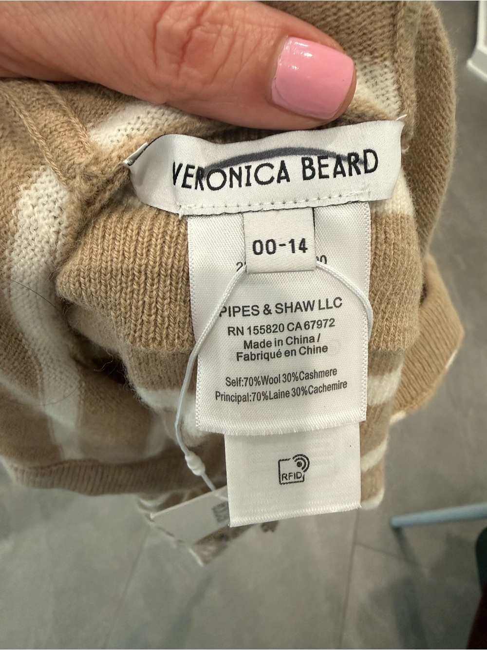 Veronica Beard NEW Cashmere Uptown striped hoodie Dickey Sand/Ivory OS 00-14 - Picture 7 of 9